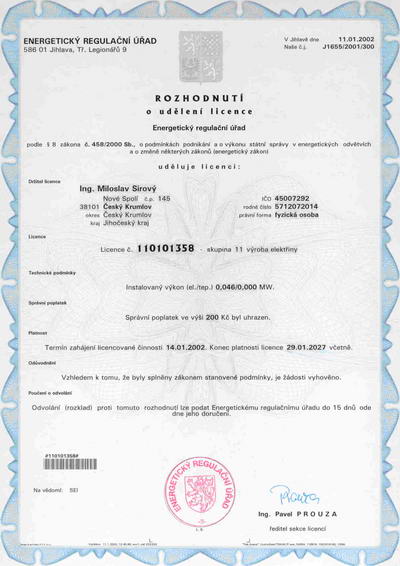 Rozhodnutí o udělení licence číslo 110101358