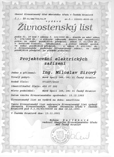 Živnostenský list pro: Projektování elektrických zařízení, vydán 16.12.1993 s IČO 450 07 292